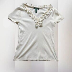 Lauren Ralph Lauren | Ruffled Ribbed Tee | Petite Large | Ivory | 100% Cotton